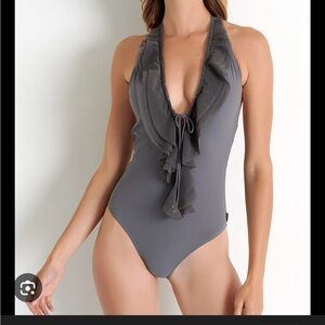 SHAN Mia Mesh Plunge One-Piece Swimsuit - Slate Gray